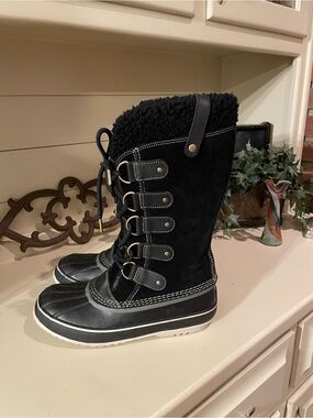 Sorel Joan of Arctic Shearling Winter Boots Womens 10.5 Black Suede Waterproof